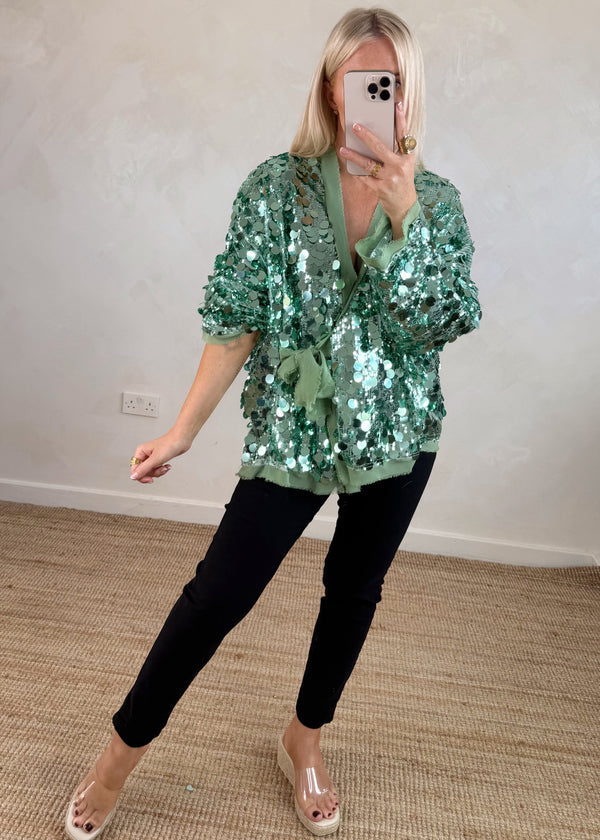 Sequin tie jacket - mint-The Style Attic
