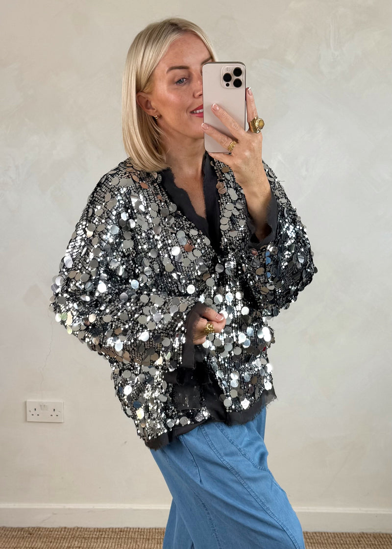 Sequin tie jacket - pewter-The Style Attic