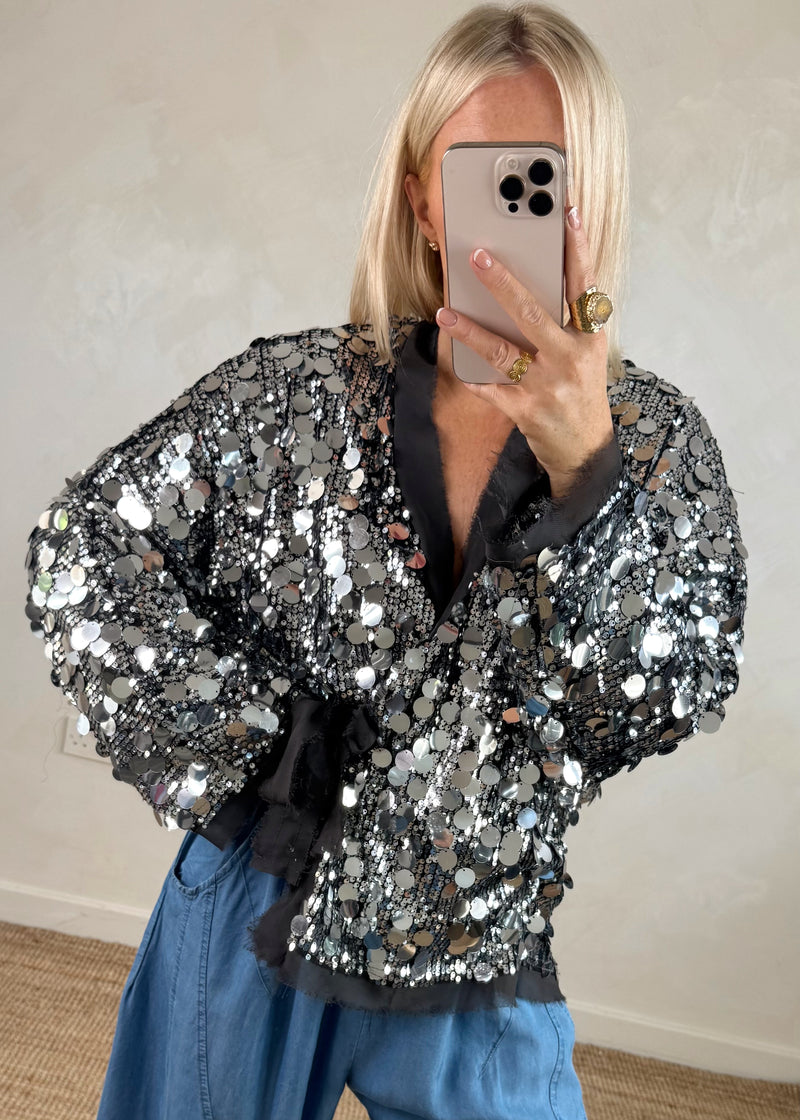 Sequin tie jacket - pewter-The Style Attic