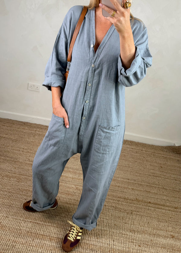 Seth linen blend jumpsuit - blue grey-The Style Attic