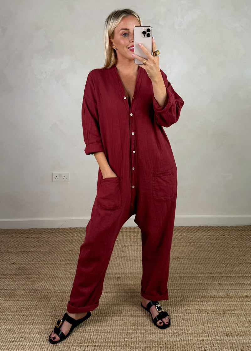 Seth linen blend jumpsuit - deep red-The Style Attic