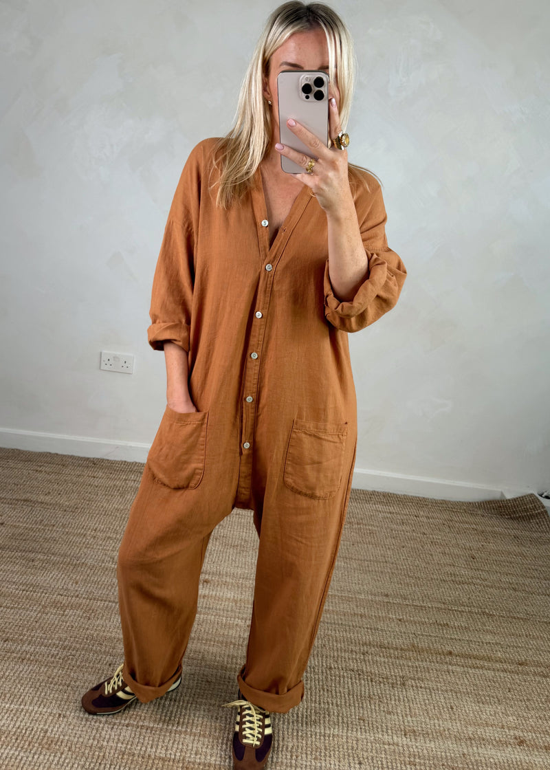 Seth linen blend jumpsuit - rust-The Style Attic