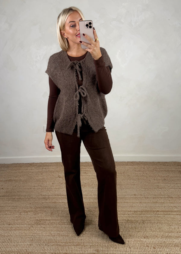 Shona tie front knit - dark mocha-The Style Attic