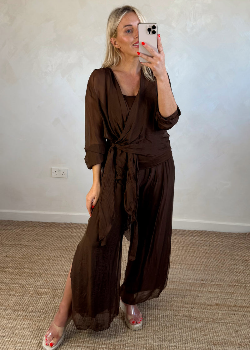Silk tie co-ord set - brown-The Style Attic