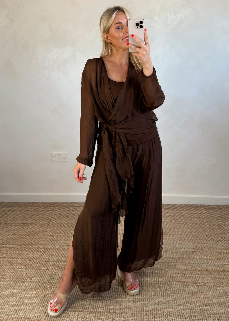 Silk tie co-ord set - brown-The Style Attic