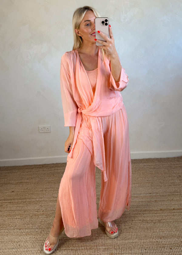 Silk tie co-ord set - peach-The Style Attic