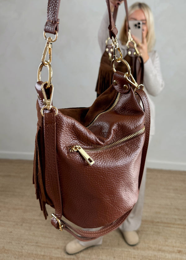 Stevie tassel leather bag - chestnut-The Style Attic