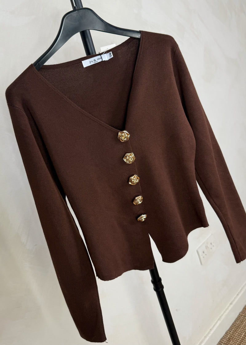 Stina button top - chocolate-The Style Attic