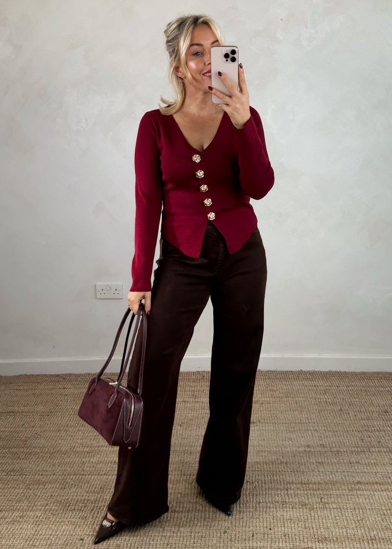 Stina button top - merlot-The Style Attic
