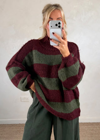 Striped Kurt grunge knit - Merlot/khaki-The Style Attic