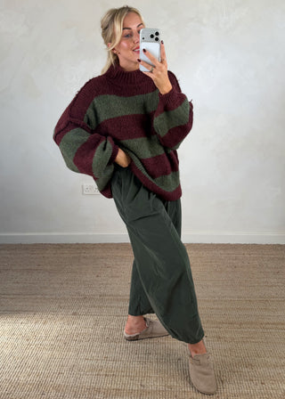 Striped Kurt grunge knit - Merlot/khaki-The Style Attic