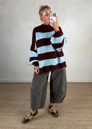 Striped Kurt grunge knit - Merlot/sky blue-The Style Attic