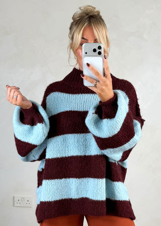 Striped Kurt grunge knit - Merlot/sky blue-The Style Attic