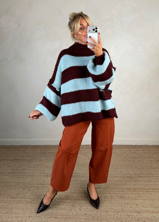 Striped Kurt grunge knit - Merlot/sky blue-The Style Attic