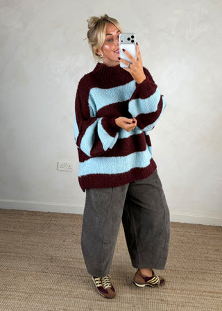 Striped Kurt grunge knit - Merlot/sky blue-The Style Attic