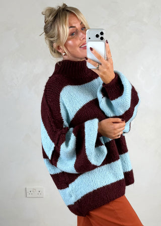 Striped Kurt grunge knit - Merlot/sky blue-The Style Attic