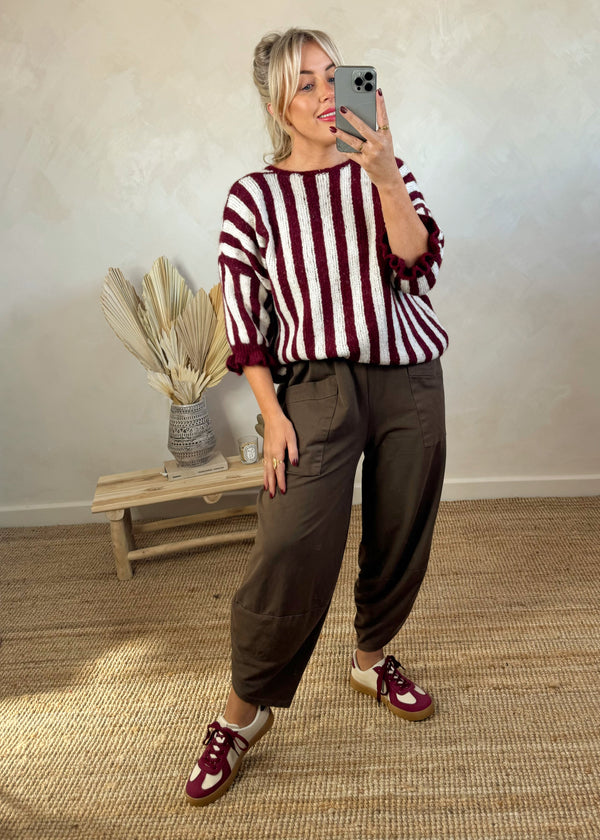 Striped tie front knit - Merlot-The Style Attic