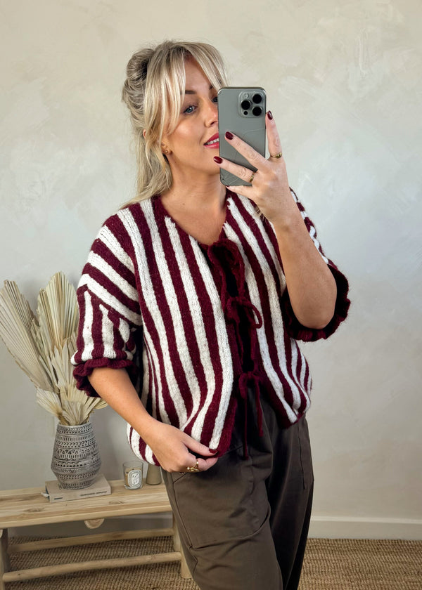 Striped tie front knit - Merlot-The Style Attic