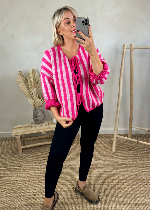 Striped tie front knit - pink-The Style Attic