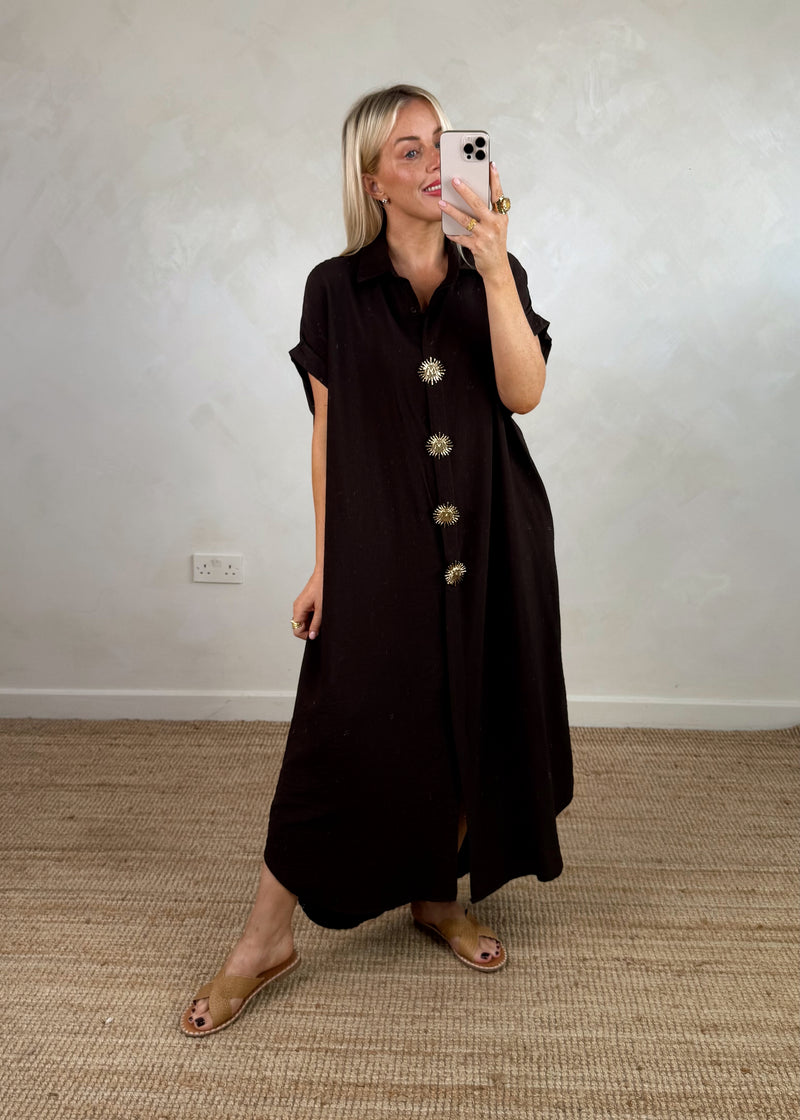 Sun brooch shirt dress - chocolate-The Style Attic
