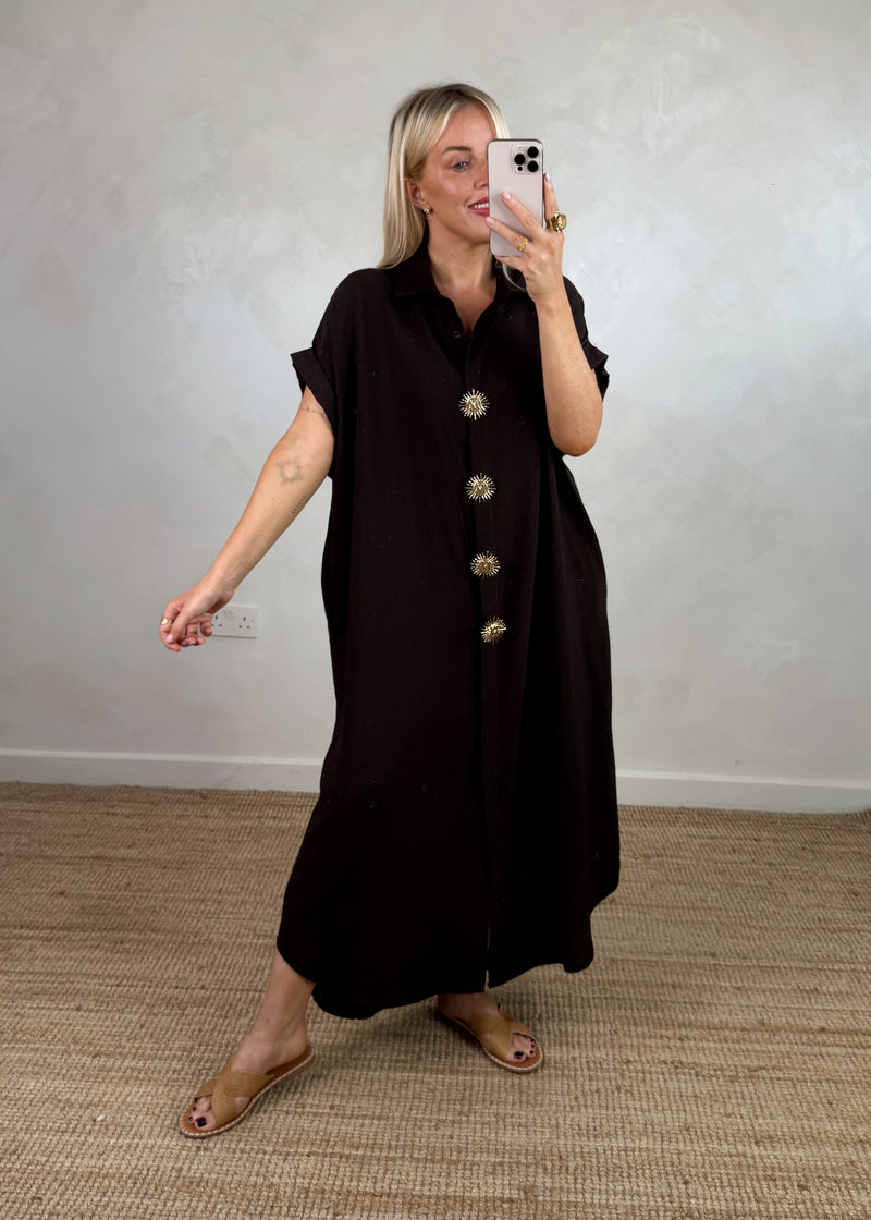 Sun brooch shirt dress - chocolate-The Style Attic