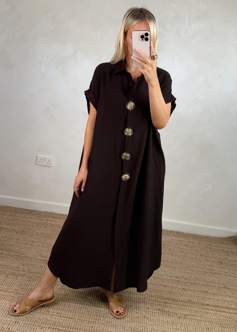 Sun brooch shirt dress - chocolate-The Style Attic