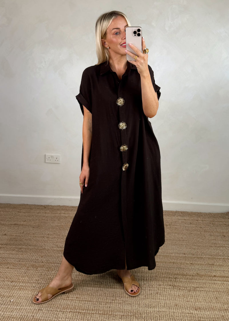 Sun brooch shirt dress - chocolate-The Style Attic