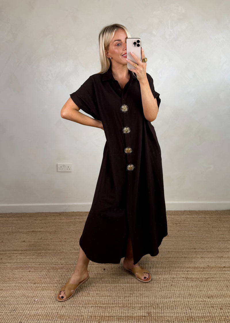 Sun brooch shirt dress - chocolate-The Style Attic