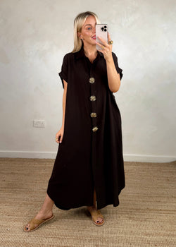 Sun brooch shirt dress - chocolate-The Style Attic