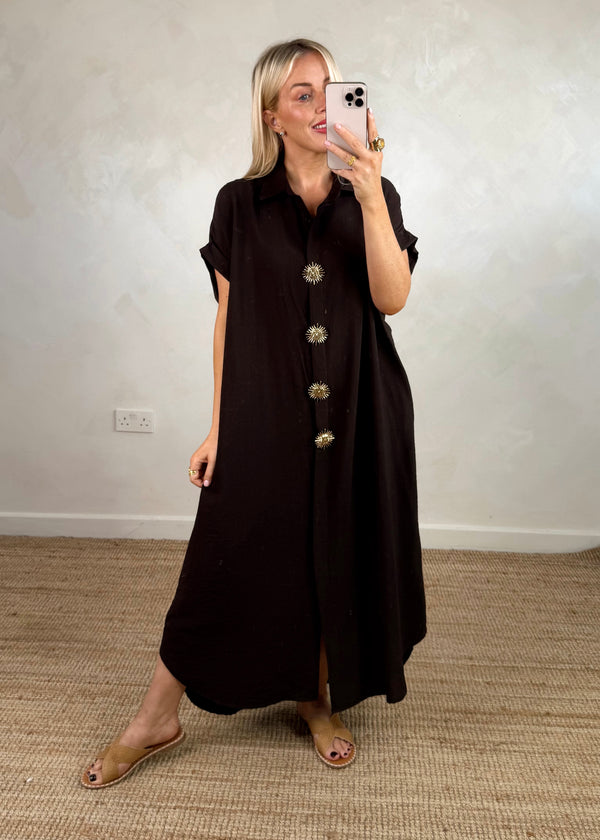 Sun brooch shirt dress - chocolate-The Style Attic