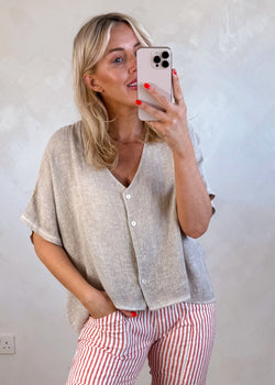 Sylvie linen blend button top - bone-The Style Attic