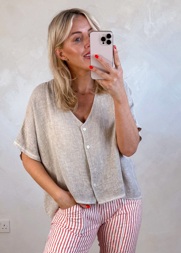 Sylvie linen blend button top - bone-The Style Attic