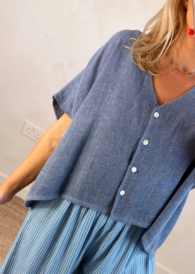 Sylvie linen blend button top - navy-The Style Attic