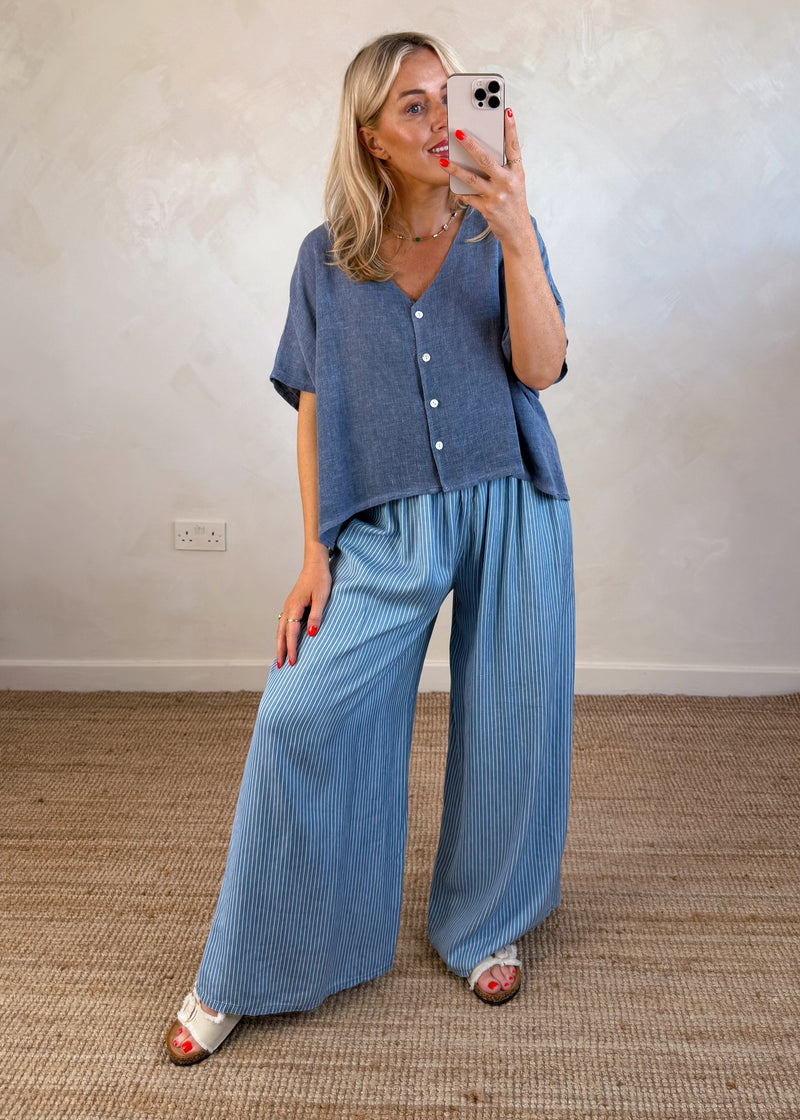 Sylvie linen blend button top - navy-The Style Attic