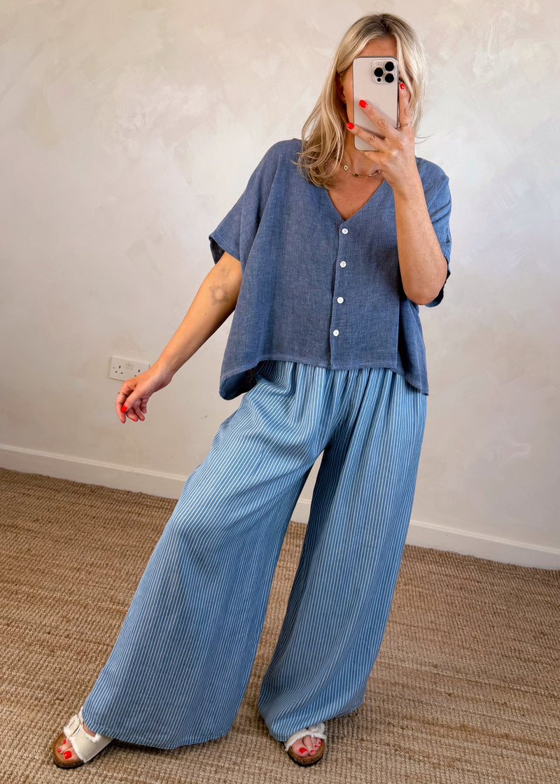 Sylvie linen blend button top - navy-The Style Attic