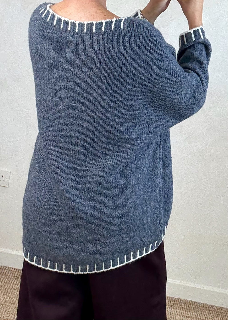 Elle contrast stitch knit - denim/cream