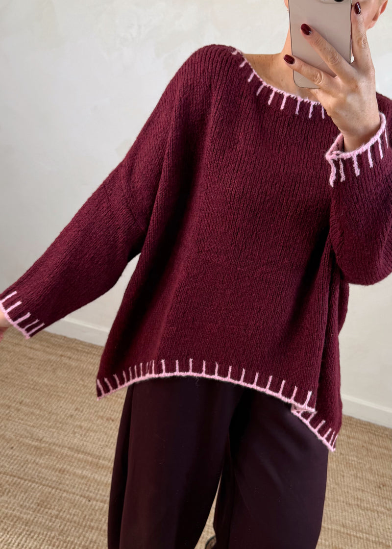 Elle contrast stitch knit - Merlot/blush