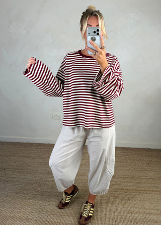 Nico crew neck striped tee - Merlot/cream