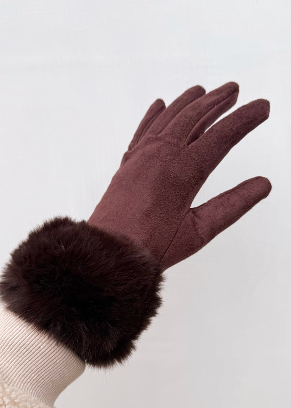 Fur trim glove - chocolate