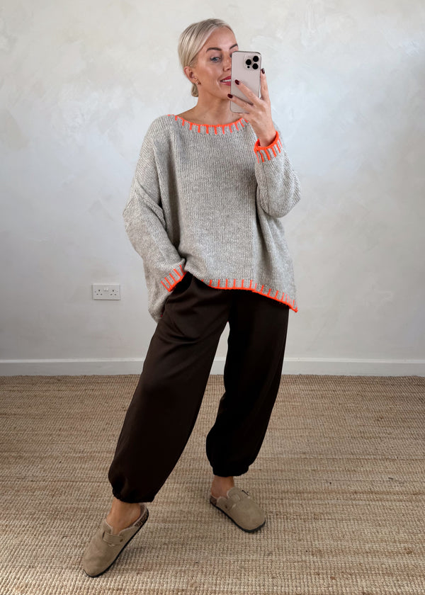 Elle contrast stitch knit - oatmeal/orange