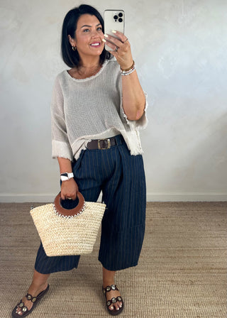 Belted barrel leg denim - wide stripe