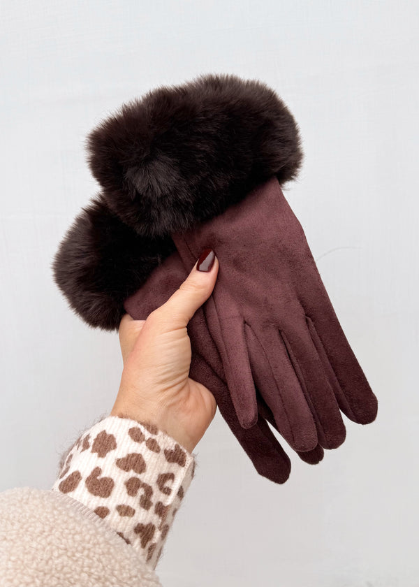 Fur trim glove - chocolate