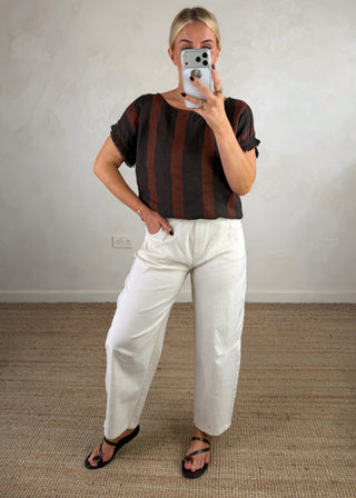 Nia striped linen top - Rust/chocolate