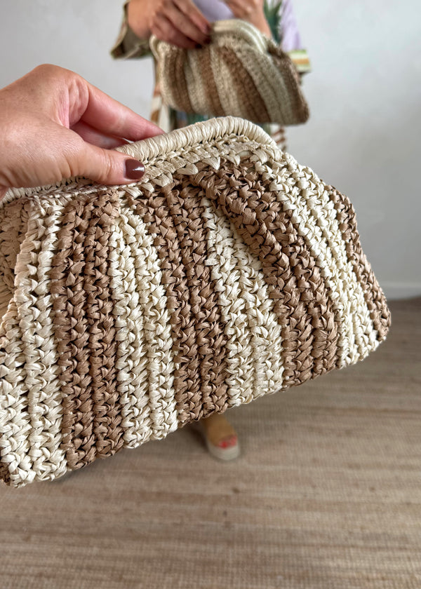 Striped woven clutch bag - beige
