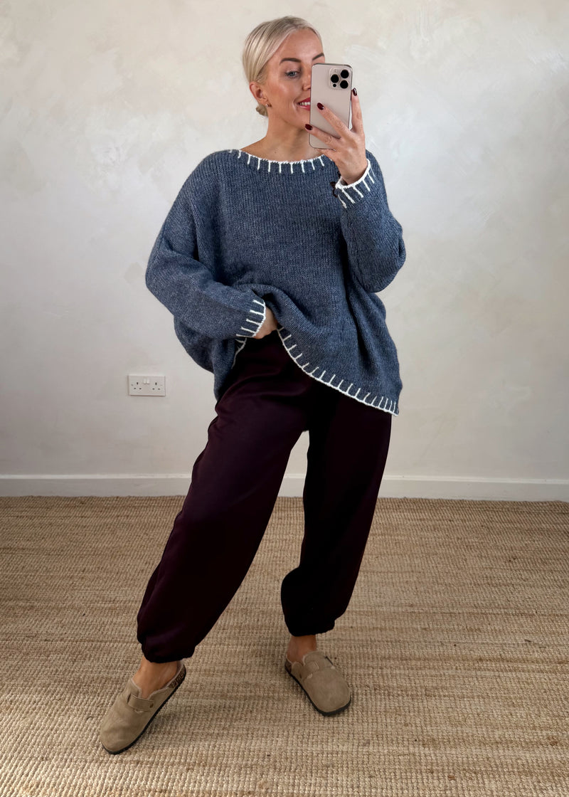 Elle contrast stitch knit - denim/cream