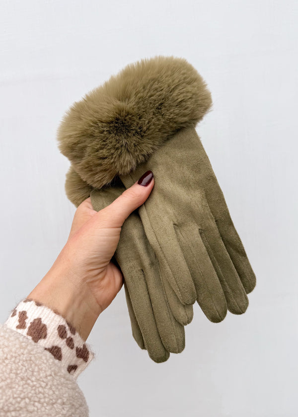 Fur trim glove - olive