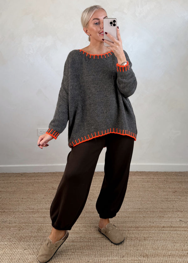Elle contrast stitch knit - dark mocha/orange