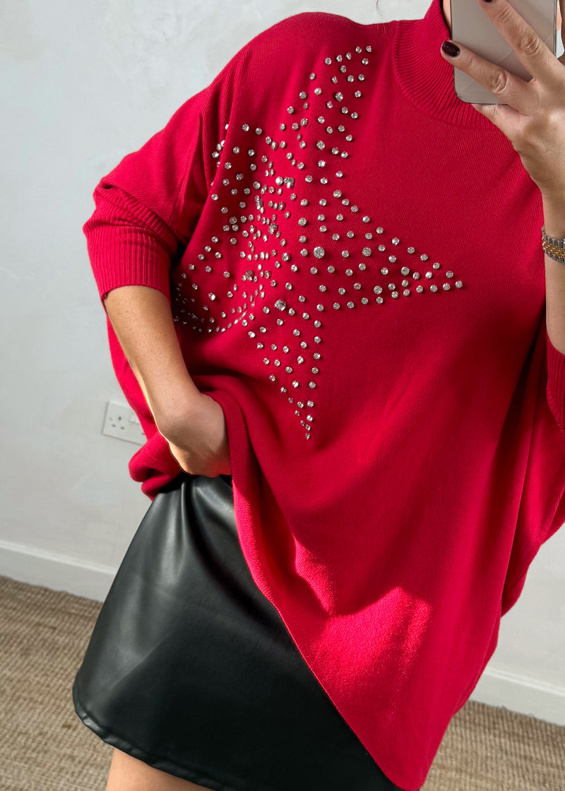 Diamanté star knit - Red