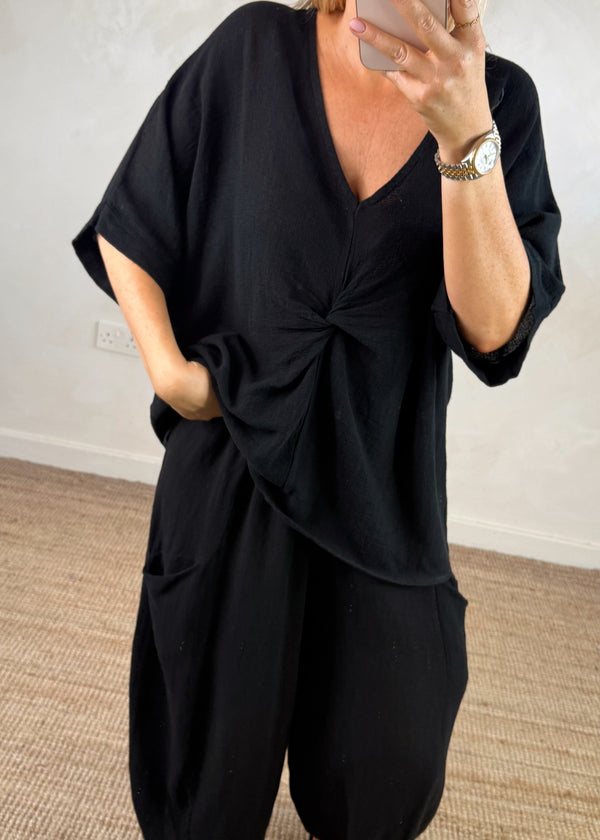 Rina linen blend top - black