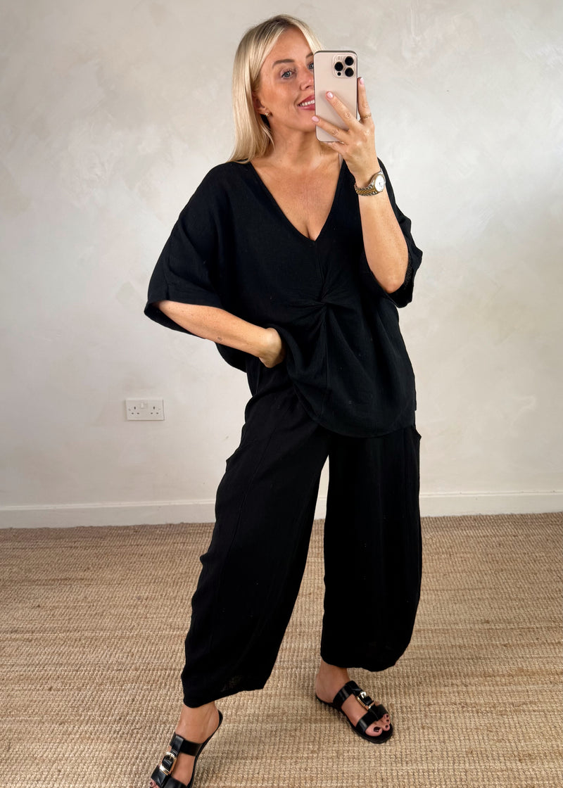 Rina linen blend top - black